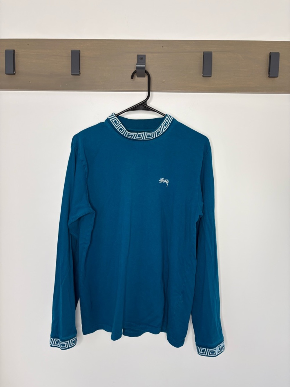 Stüssy Long Sleeve T-Shirt Men’s Medium – Teal Greek Pattern Tee Streetwear